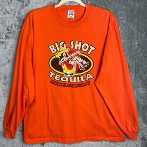 Vintage 90s Big Shot Tequila Pin Up Girl Shot Glass Graphic Shirt‎ Large Orange